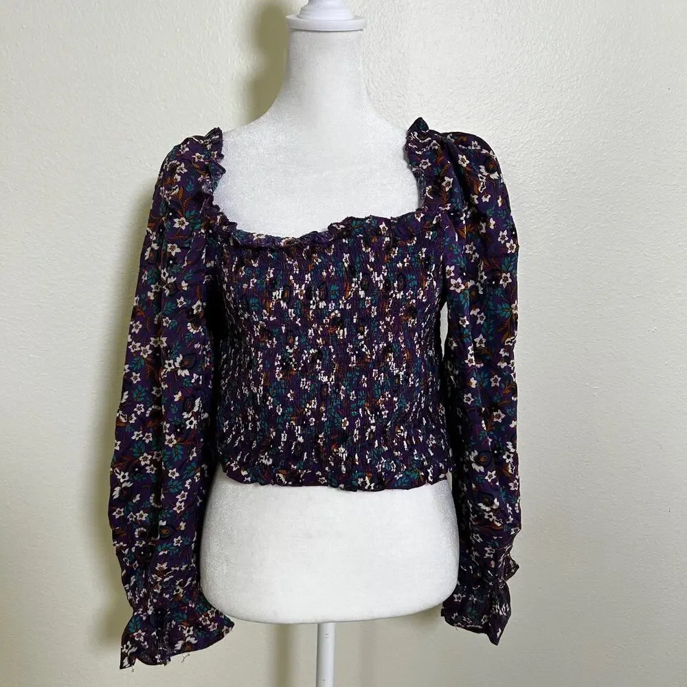 Band of the Free Smocked Floral Crop Top Purple Boho Prairie Festival NWT M